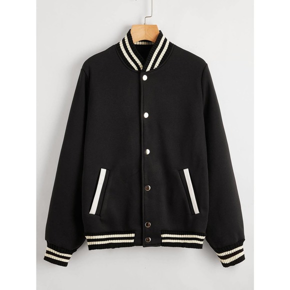 . Jackets & Blazers - Striped Button Up varsity Bomber Jacket black white preppy vintage letterman